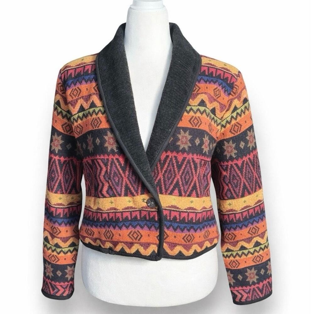 Vintage‎ 90s Southwestern Cropped Cotton Jacket Shawl Collar Small Boho Cowgirl
